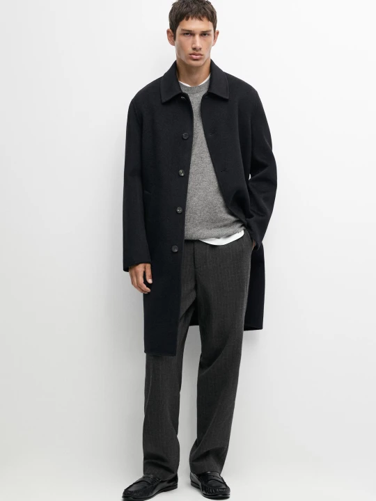 Zdjęcie produktu Długi Płaszcz Z Dwuwarstwowej Tkaniny Wełnianej - Granatowy - Massimo Dutti - Male