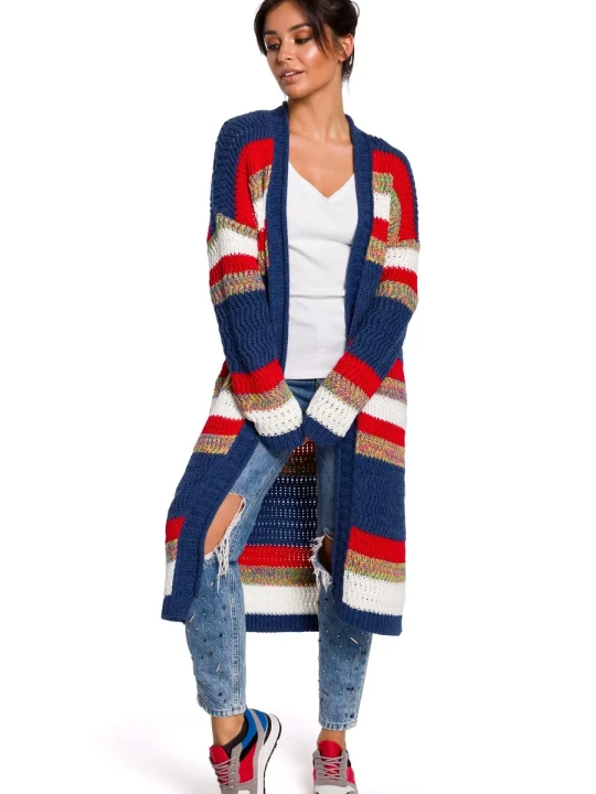 Zdjęcie produktu Długi sweter w kolorowe pasy kardigan bez zapięcia narzutka BE Knit
