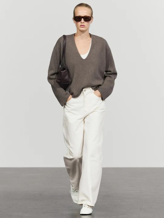 Zdjęcie produktu Długi Sweter Z Detalami Przy Dekolcie - Szary Mysi - Massimo Dutti - Female