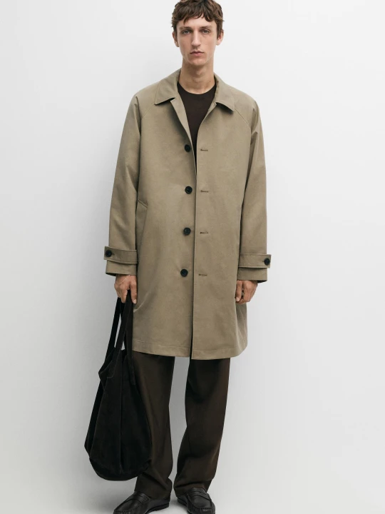 Zdjęcie produktu Długi Trencz Oversize Ze 100% Bawełny - Szarobrązowy - Massimo Dutti - Male