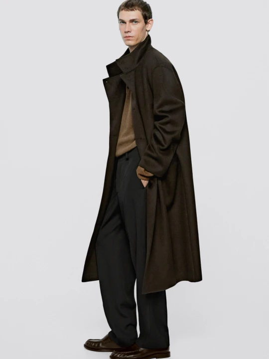 Zdjęcie produktu Długi Wełniany Płaszcz Z Kieszeniami - Limited Edition - Brązowy - Massimo Dutti - Male