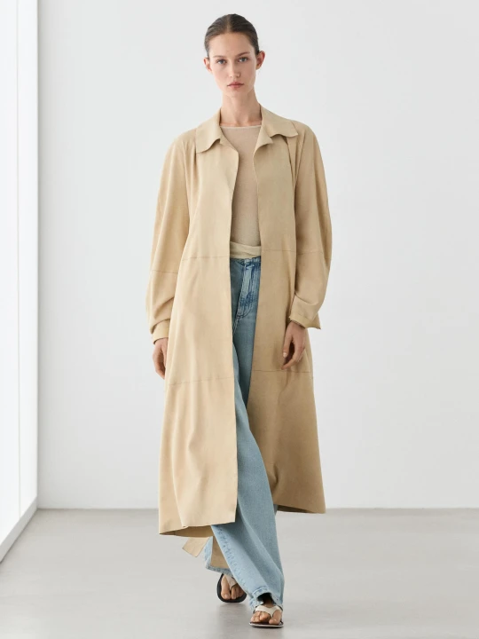 Zdjęcie produktu Długi Zamszowy Płaszcz Skórzany - Beżowy - Massimo Dutti - Female