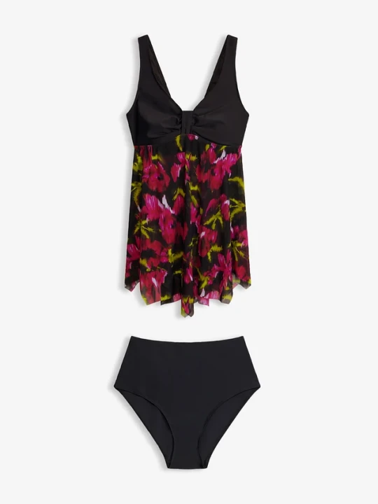 Zdjęcie produktu Długie tankini z siateczki z nadrukiem (komp. 2-cz.) BonPrix czarny