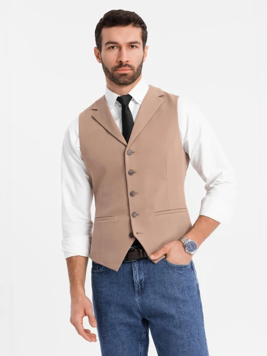 Zdjęcie produktu Dopasowana elegancka kamizelka męska z elastanem i klapami – brązowa V1 - Rozmiar: XL Ombre Clothing