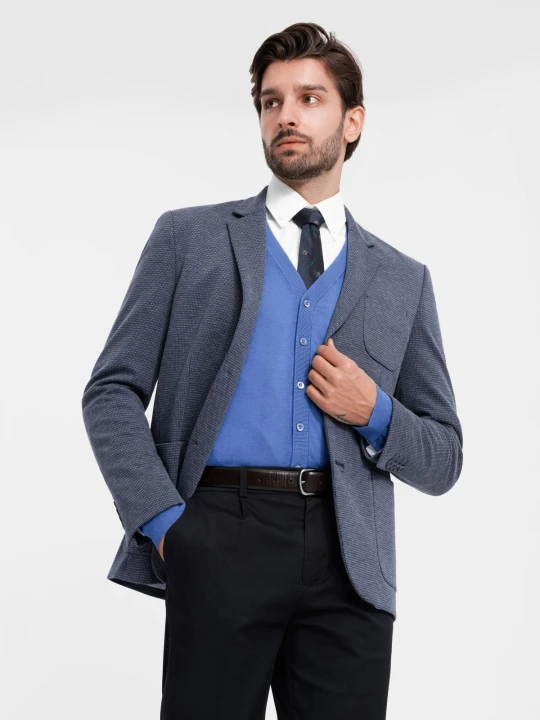 Zdjęcie produktu Dopasowana elegancka męska marynarka ze strukturalnej dzianiny – granatowa V1 - Rozmiar: S Ombre Clothing