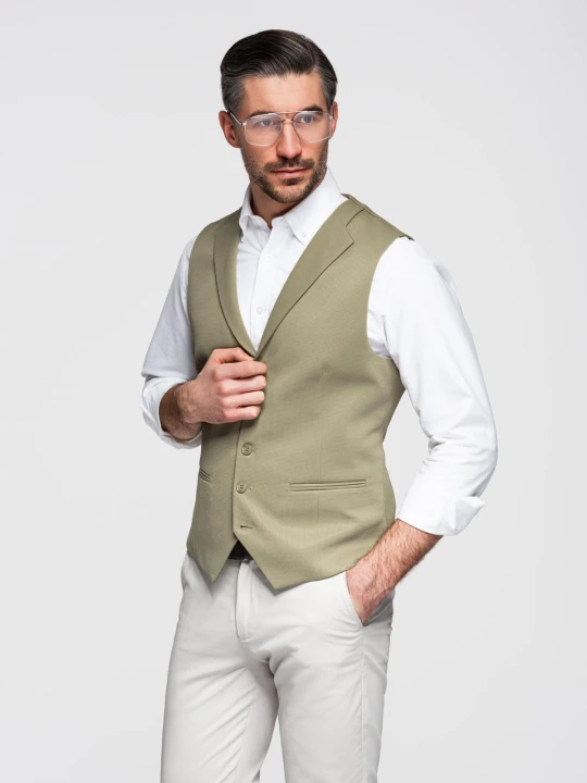 Zdjęcie produktu Dopasowana kamizelka męska ze strukturalnej dzianiny z klapami – oliwkowa V1 Ombre Clothing oliwkowy
