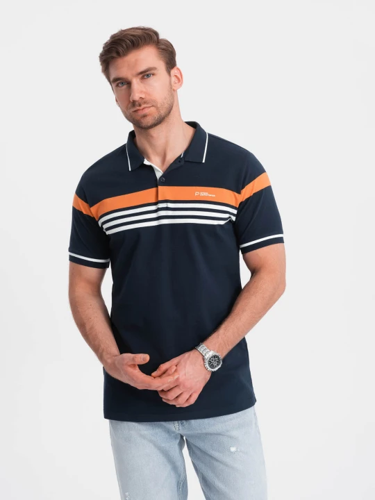 Zdjęcie produktu Dopasowana koszulka męska polo z dwukolorowymi pasami – granatowa V1 Ombre Clothing