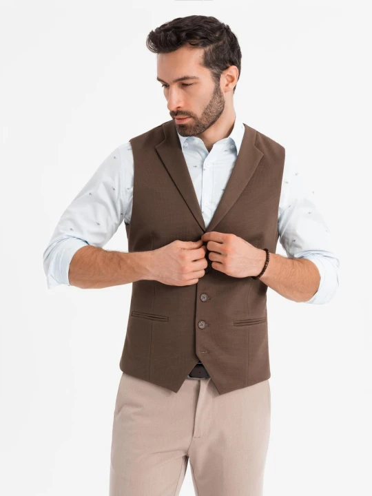 Zdjęcie produktu Dopasowana męska kamizelka ze strukturalnej dzianiny z klapami – brązowa V2 Ombre Clothing