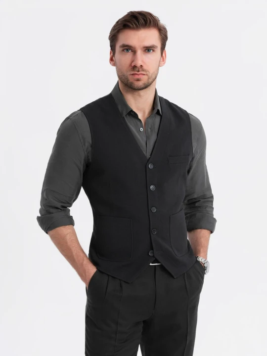Zdjęcie produktu Dopasowana strukturalna męska kamizelka z naszywanymi kieszeniami – czarna V1 - Rozmiar: L Ombre Clothing