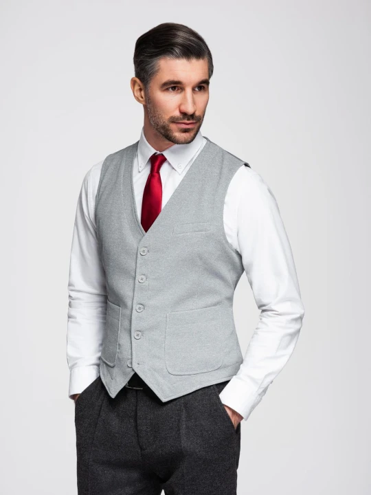 Zdjęcie produktu Dopasowana strukturalna męska kamizelka z naszywanymi kieszeniami – szary melanż V2 - Rozmiar: M Ombre Clothing