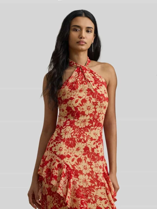 Zdjęcie produktu Dopasowana sukienka wieczorowa z wiązaniem na szyi z falbanami Lauren Ralph Lauren Czerwony