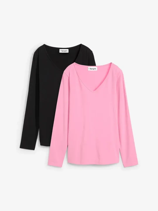 Zdjęcie produktu Dopasowany shirt z długim rękawem (2 szt.) BonPrix różowy
