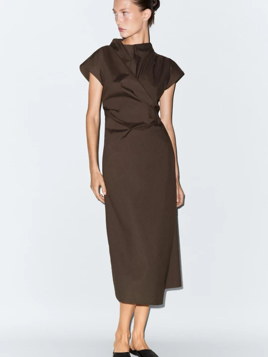 Zdjęcie produktu Drapowana Sukienka Z Popeliny Ze 100% Bawełny - Brązowy - Massimo Dutti - Female