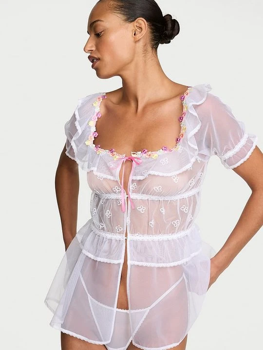 Zdjęcie produktu Dream Angels Koszulka prześwitująca i stringi Butterflies Babydoll Victoria's Secret Biały
