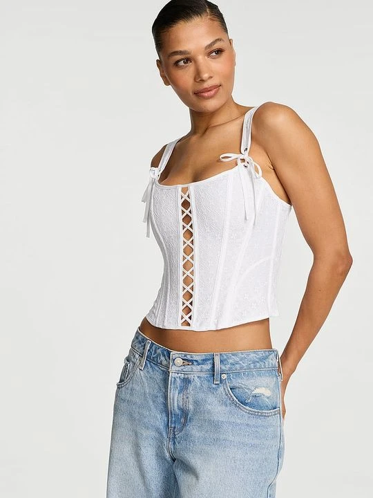 Zdjęcie produktu Dream Angels Top gorsetowy z bawełny i koronki Victoria's Secret Biały