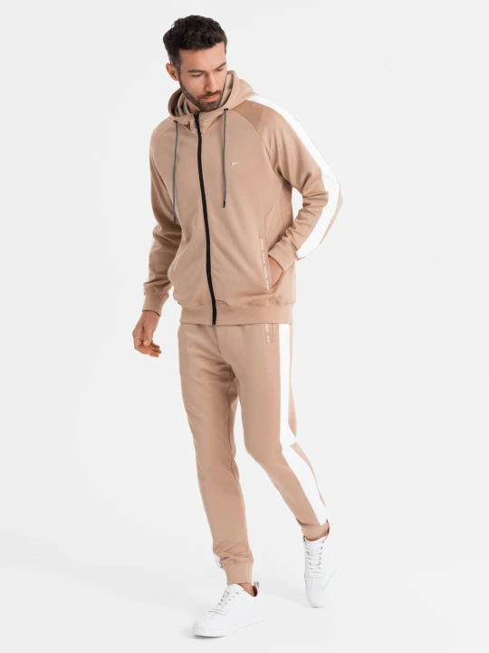 Zdjęcie produktu Dresowy komplet męski rozpinana bluza z kapturem + spodnie joggery - beżowy V4 - Rozmiar: XXL Ombre Clothing