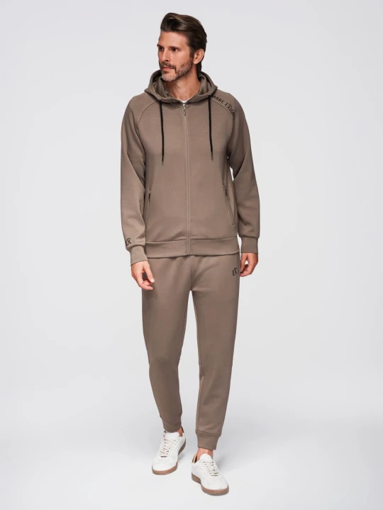 Zdjęcie produktu Dresowy komplet męski set bluza rozpinana z kapturem + spodnie dresowe joggery - szarobrązowy V3 - Rozmiar: L Ombre Clothing