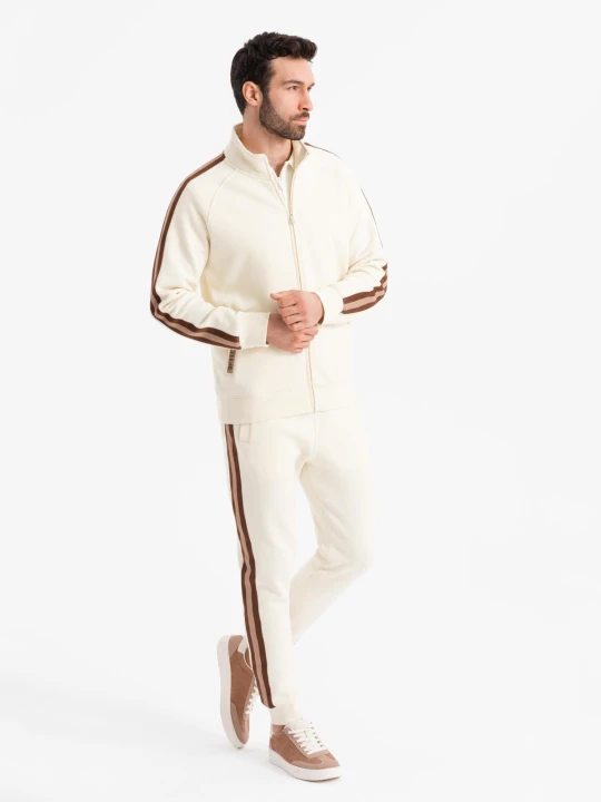 Zdjęcie produktu Dresowy komplet set męski bluza rozpinana + spodnie dresowe joggery - kremowy V3 Ombre Clothing