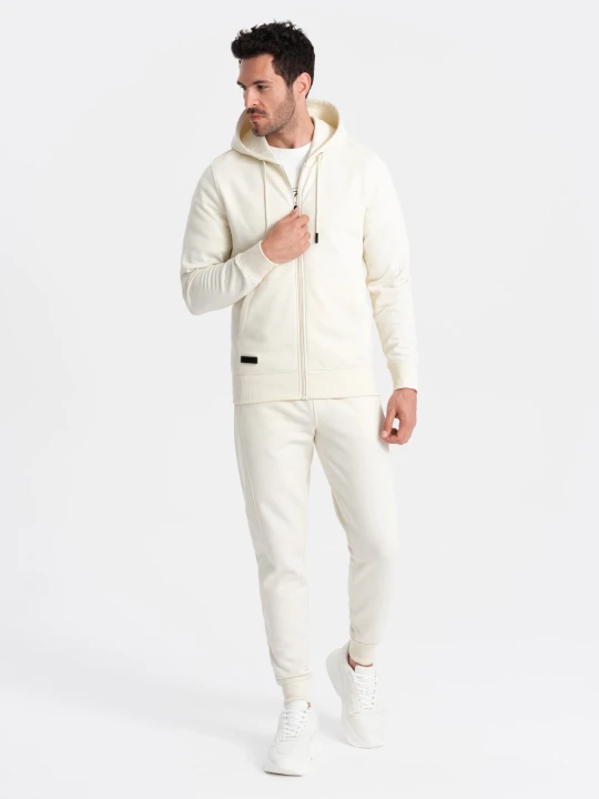 Zdjęcie produktu Dresowy męski komplet BASIC bluza rozpinana + joggery – kremowy V5 - Rozmiar: XXL Ombre Clothing