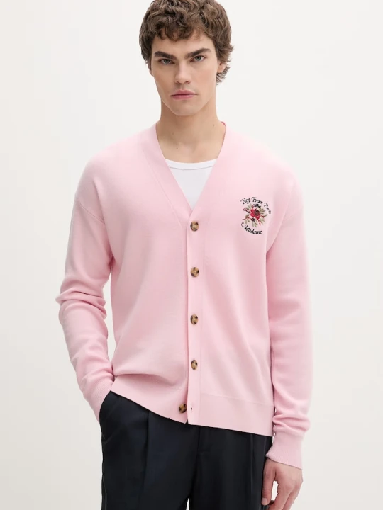 Zdjęcie produktu Drôle de Monsieur kardigan męski z wełny merino Slogan Rose Drole de Monsieur różowy