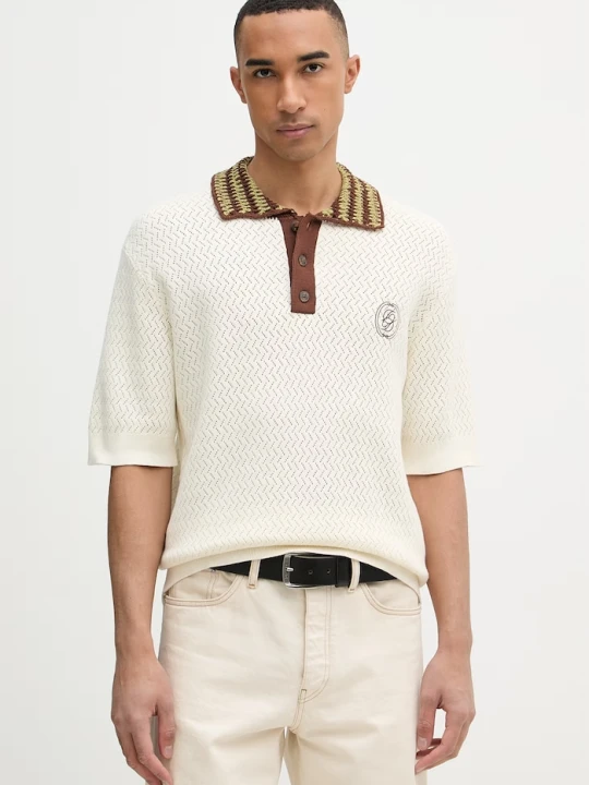 Zdjęcie produktu Drôle de Monsieur polo swetrowe męskie bawełniane Maille Ajouré D Miroir Drole de Monsieur beżowy