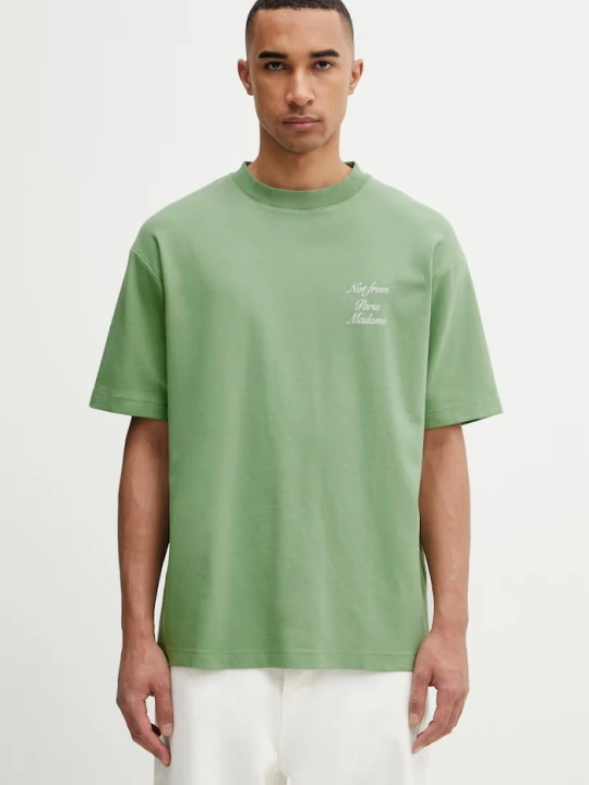 Zdjęcie produktu Drôle de Monsieur T-shirt męski bawełniany Le T-Shirt Slogan Calligraphy Drole de Monsieur zielony