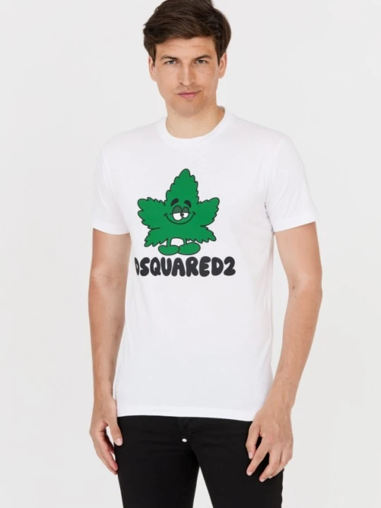 Zdjęcie produktu DSQUARED2 Męski biały t-shirt z zielonym liściem, Rozmiar M