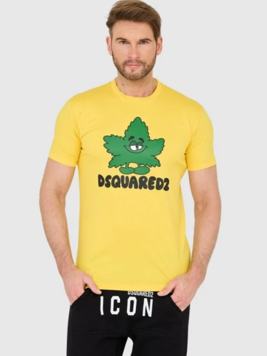 Zdjęcie produktu DSQUARED2 Żółty męski t-shirt z logo i zielonym liściem, Rozmiar M