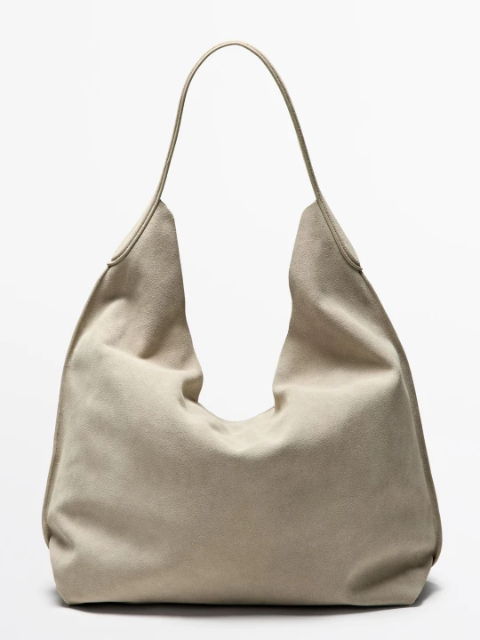 Zdjęcie produktu Duża Torba Na Ramię Ze Skóry Zamszowej - Ecru - Massimo Dutti - Female