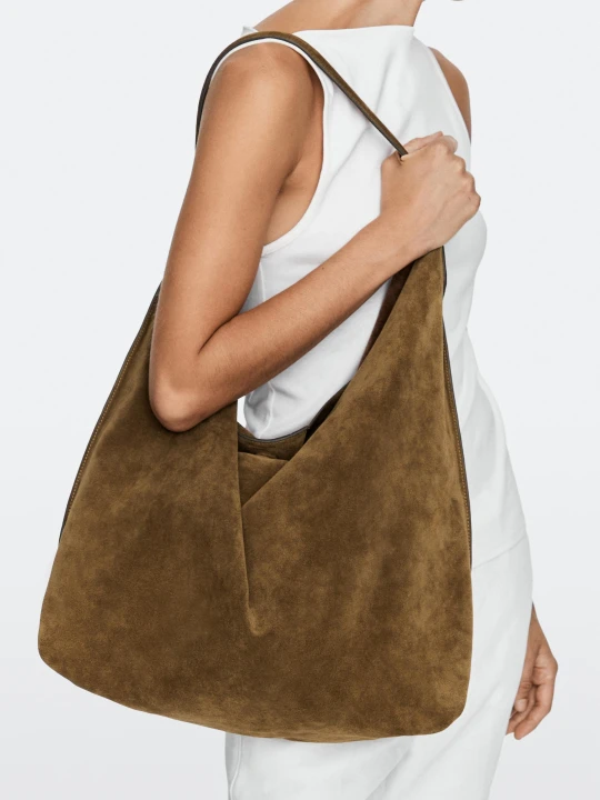 Zdjęcie produktu Duża Torba Na Ramię Ze Skóry Zamszowej - Zielony Khaki - Massimo Dutti - Female