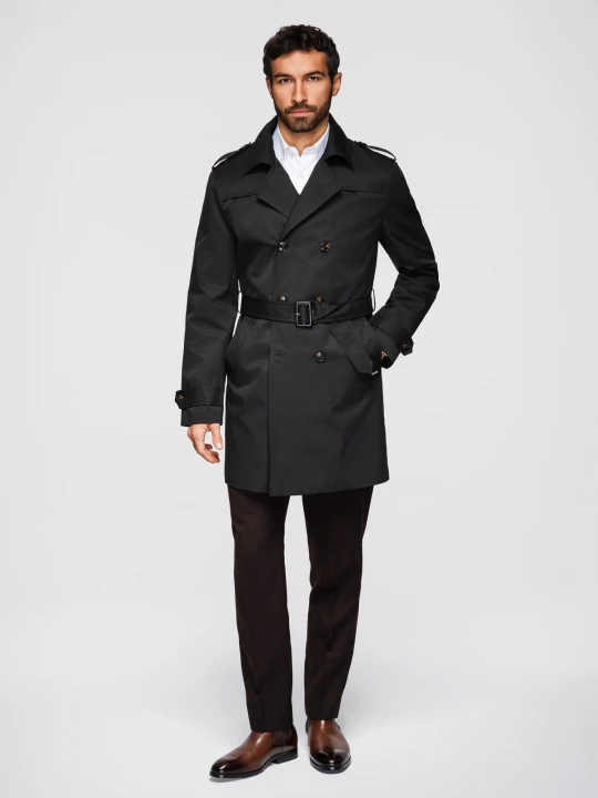 Zdjęcie produktu Dwurzędowy elegancki płaszcz męski trencz SLIM FIT z paskiem - czarny V2 - Rozmiar: S Ombre Clothing