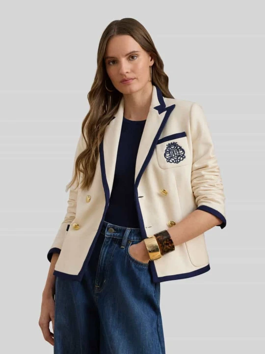 Zdjęcie produktu Dwurzędowy krótki blezer z mieszanka bawełny z przeszyciem logo Lauren Ralph Lauren Granatowy melanż
