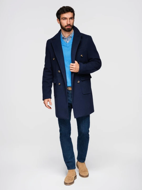Zdjęcie produktu Dwurzędowy męski płaszcz z ozdobnymi guzikami – indygo V1 - Rozmiar: XXL Ombre Clothing