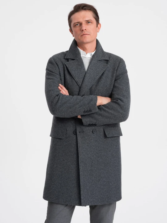 Zdjęcie produktu Dwurzędowy męski płaszcz z podszewką - grafitowy V2 - Rozmiar: M Ombre Clothing