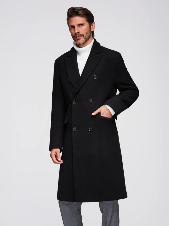 Zdjęcie produktu Dwurzędowy płaszcz męski z wełną - czarny V2 - Rozmiar: S Ombre Clothing