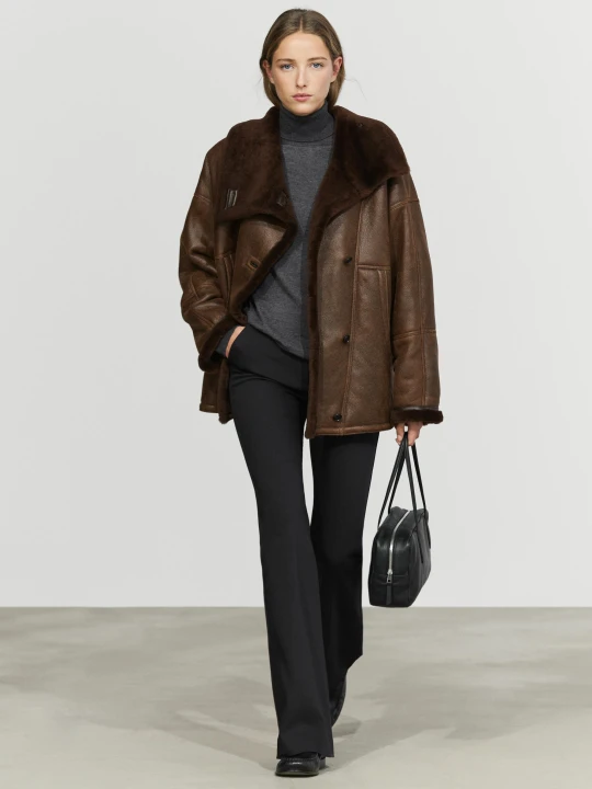 Zdjęcie produktu Dwustronny Płaszcz Ze Skóra I Futrem - Brązowy - Massimo Dutti - Female
