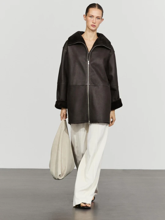 Zdjęcie produktu Dwustronny Płaszcz Ze Skóry Z Futrem - Brązowy - Massimo Dutti - Female