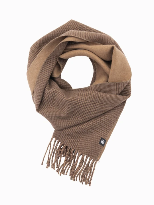Zdjęcie produktu Dwustronny szalik męski w kratkę z frędzlami – brązowo-beżowy V2 Ombre Clothing