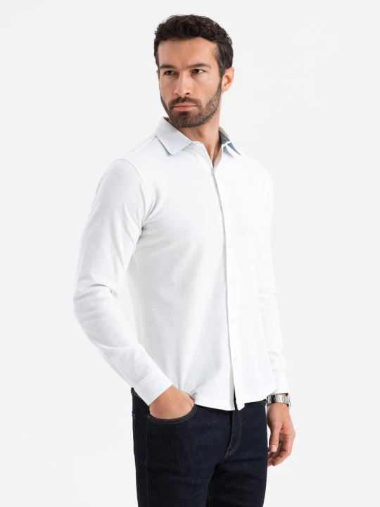 Zdjęcie produktu Dzianinowa koszula męska SLIM FIT z długim rękawem – biała V1 Ombre Clothing