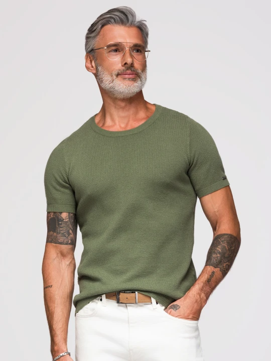 Zdjęcie produktu Dzianinowa koszulka męska z delikatną drobną strukturą - oliwkowa V5 - Rozmiar: S Ombre Clothing oliwkowy