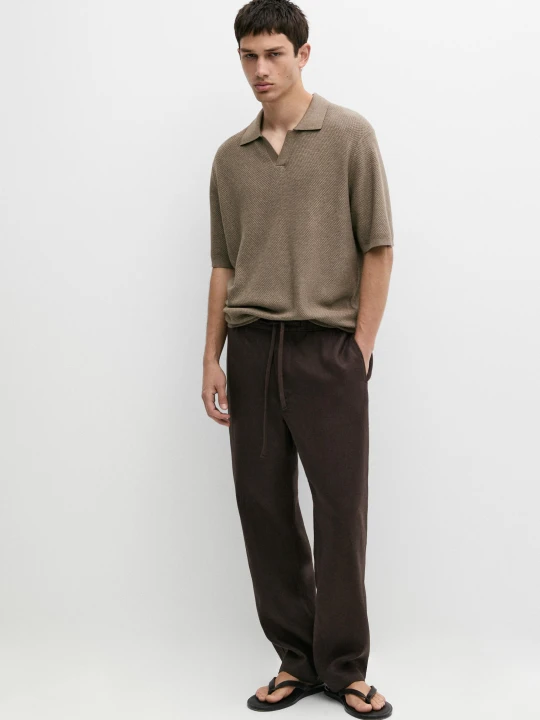 Zdjęcie produktu Dzianinowa Koszulka Polo Z Dekoltem V Z Mieszanki Bawełny - Khaki - Massimo Dutti - Male