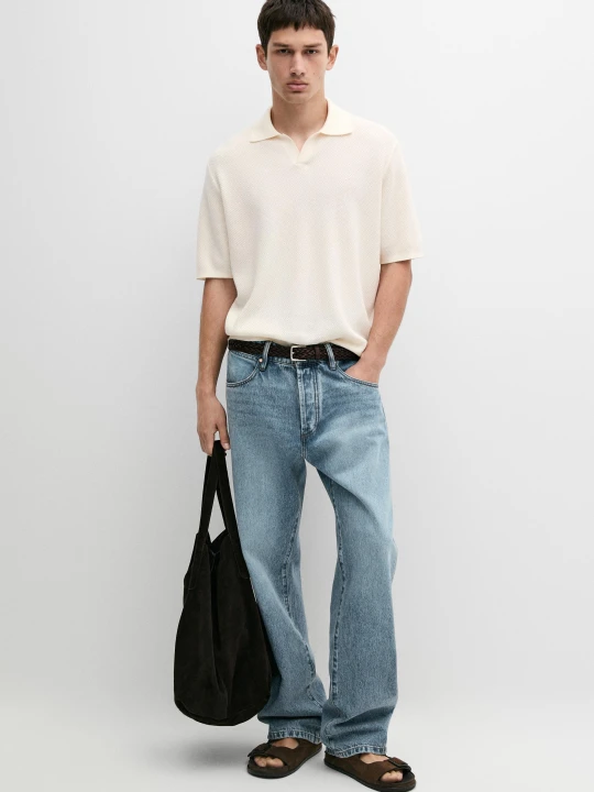 Zdjęcie produktu Dzianinowa Koszulka Polo Z Dekoltem V Z Mieszanki Bawełny - Surowy - Massimo Dutti - Male