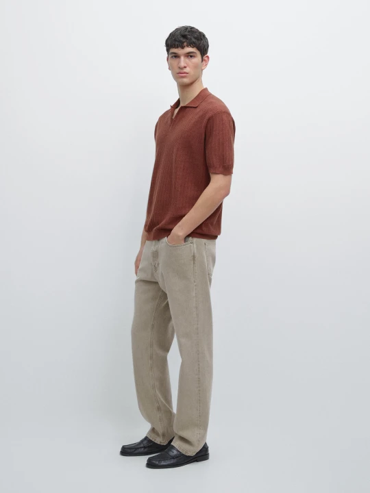 Zdjęcie produktu Dzianinowa Koszulka Polo Z Krótkim Rękawem Z Mieszanki Bawełny I Lnu - Winny - - Massimo Dutti - Mężczyzna