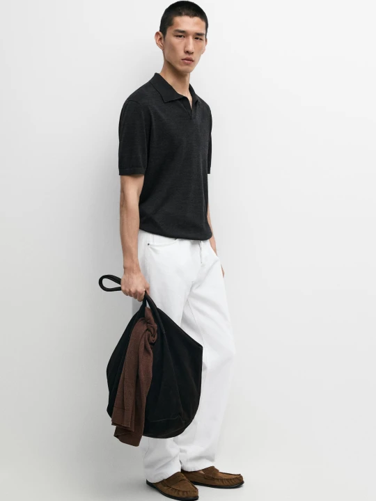 Zdjęcie produktu Dzianinowa Koszulka Polo Z Krótkim Rękawem Z Mieszanki Wełny - Brudnoszary - Massimo Dutti - Male