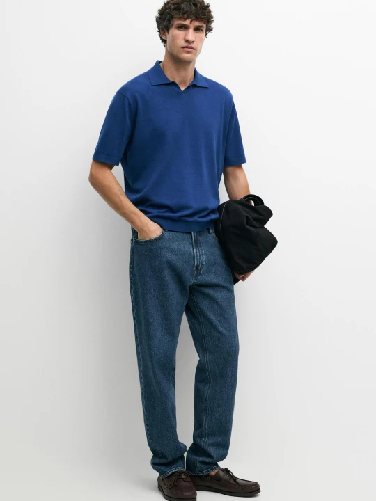 Zdjęcie produktu Dzianinowa Koszulka Polo Ze 100% Bawełny Z Dekoltem W Serek - Błękit Elektryczny - Massimo Dutti - Male