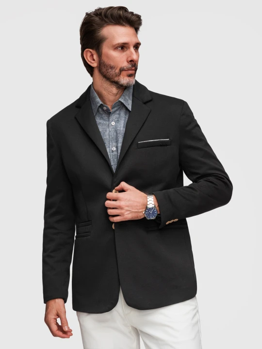 Zdjęcie produktu Dzianinowa marynarka męska o dopasowany kroju SLIM FIT - czarna V5 - Rozmiar: L Ombre Clothing