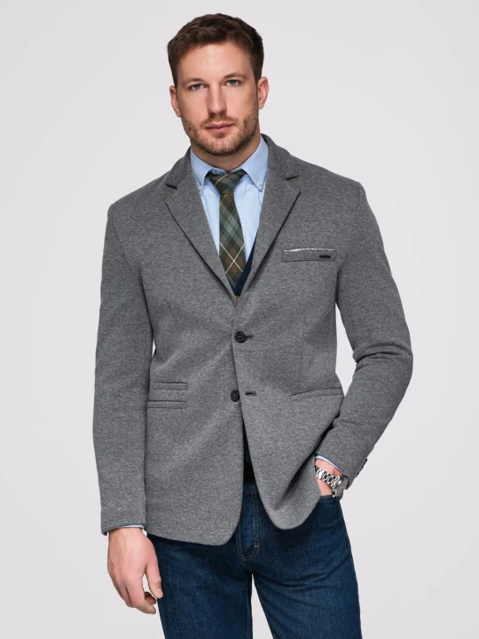 Zdjęcie produktu Dzianinowa marynarka męska o dopasowany kroju SLIM FIT - grafitowa V1 - Rozmiar: S Ombre Clothing grafitowy