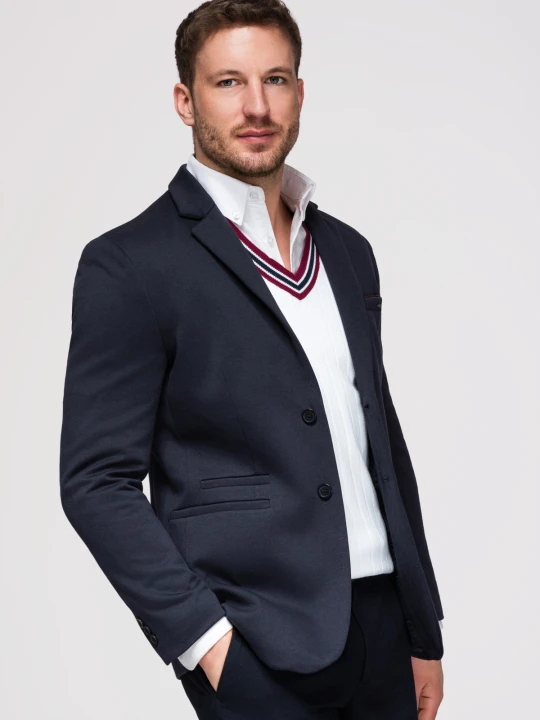Zdjęcie produktu Dzianinowa marynarka męska o dopasowany kroju SLIM FIT - granatowa V3 - Rozmiar: XL Ombre Clothing