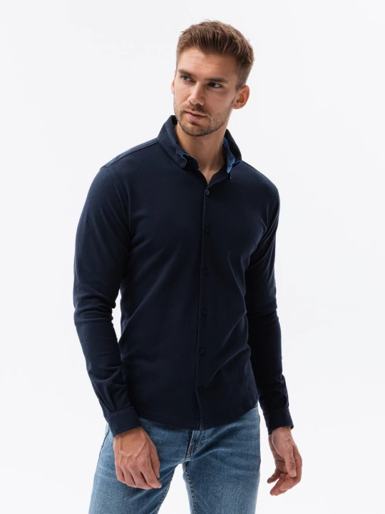 Zdjęcie produktu Dzianinowa męska koszula SLIM FIT z długim rękawem – granatowa V2 Ombre Clothing