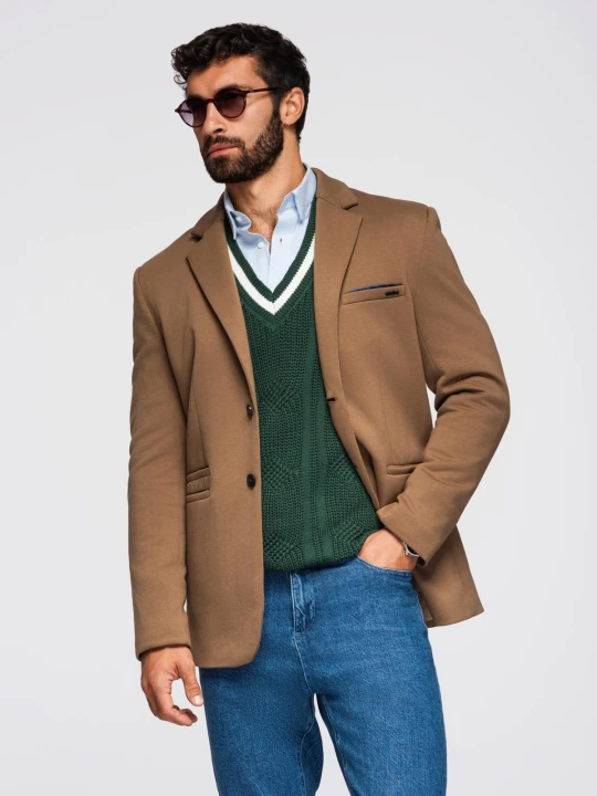 Zdjęcie produktu Dzianinowa męska marynarka o dopasowanym kroju - jasnobrązowa V4 - Rozmiar: XXL Ombre Clothing jasnobrązowy